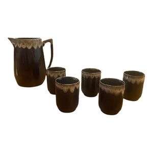 Vintage Glazed Pitcher With Matching Cups Set- 5 Pieces‎